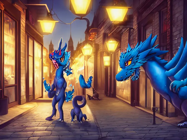 Image similar to Furry art of an anthropomorphic male blue dragon fursona going out on a romantic date with his anthropomorphic male dog boyfriend in Montreal, highly detailed, soft lighting, 4k