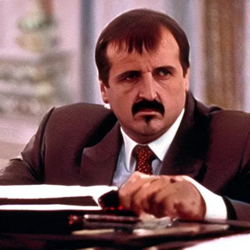 Image similar to Alexander Lukashenko in Scarface, cinematic still