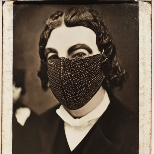 Image similar to photo portrait of 19 century metal fine detail engravings runes face mask cultist lord rich baron by Diane Arbus and Louis Daguerre