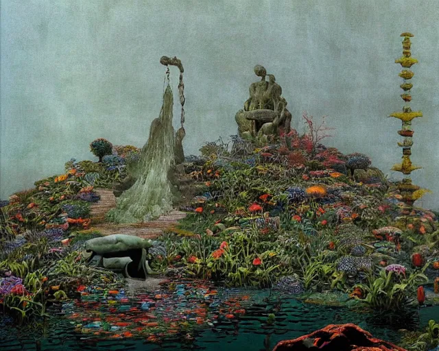 Prompt: strange weird pagan japanese garden with a big ancient god fountain by beksinski bosch sky by damien hirst, very cohesive and vibrant, serenity, hyperminimalist, 8 k, surreal oil painting, highly detailed, dream like, masterpiece