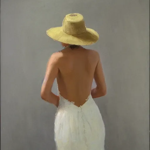 Image similar to woman with hat, back view, wedding dress, by dennis miller bunker
