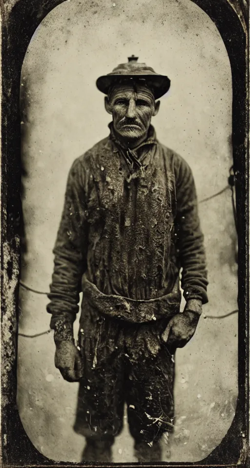 Image similar to a highly detailed wet plate photograph, a portrait of a miner holding a a lantern