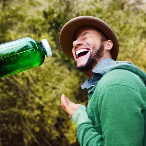 Image similar to stock photo of a man laughing at a green bottle