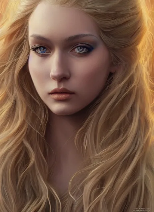 Image similar to a painting of a woman with long blonde hair, a photorealistic painting by magali villeneuve, featured on cgsociety, fantasy art, detailed painting, storybook illustration, photorealistic