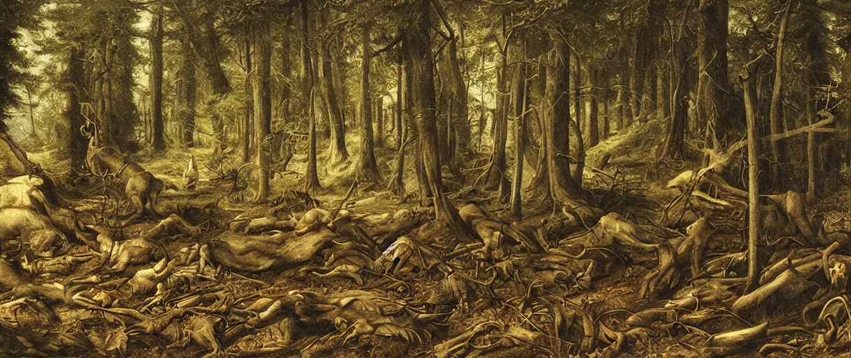 Image similar to stunning detailed artwork of a crime scene in the woods by eugene von guerard