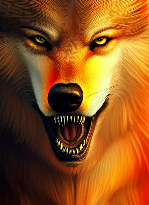 Image similar to bipedal golden wolf, sharp fangs, fiery eyes, highly detailed, deep focus, elegant, digital painting, smooth, sharp focus, illustration, ultra realistic, 8 k, art by wlop