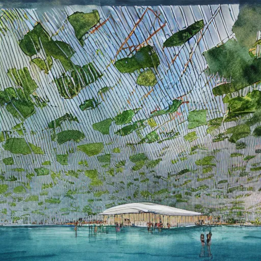 Image similar to watercolor sketch of organic rectangular architecture concept by victo ngai, sea, renzo piano, sketche, villa, people, beach, artistic, ecology, green.