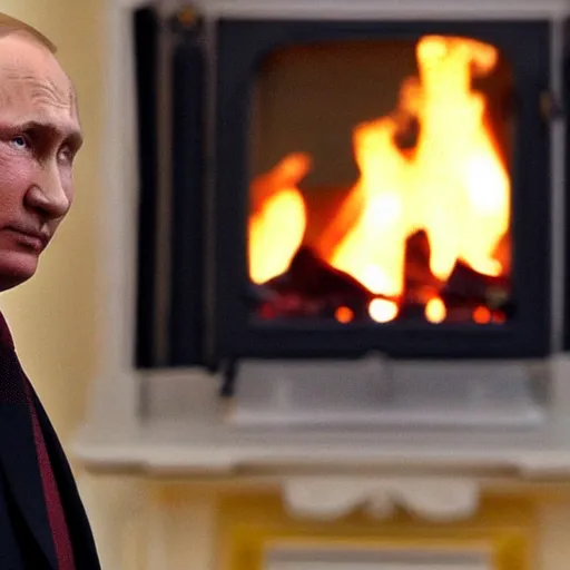 Image similar to vladimir putin looking into a log fire smirking reflections lighting