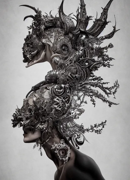 Prompt: a portrait of female by stefan geselle and nekro borja, photorealistic, intricate details, hyper realistic, fantasy, elegant, baroque, horn, ram skull headpiece, photorealistic, photography, symmetrical features, symmetrical pose, wide angle shot, feet on the ground, wearable art, unreal engine