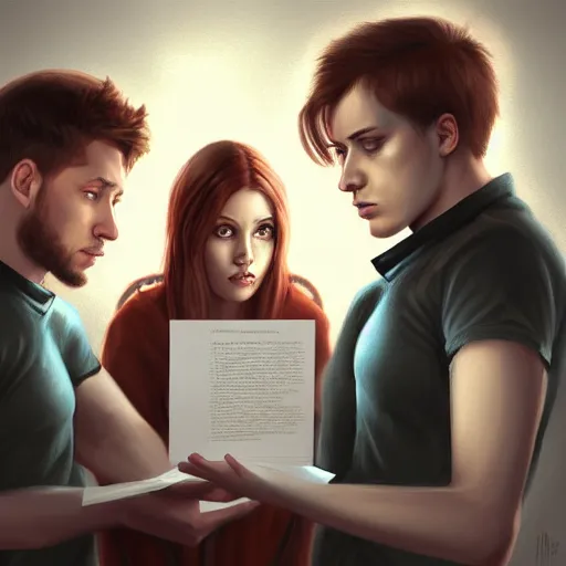 Prompt: realistic portrait of three male and one female characters look intensely at a terrified female author looking at some written notes, aesthetic!, trending on artstation, detailed digital art,