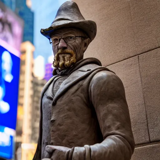 Image similar to a photograph of a very detailed renaissance sculpture of walter white wearing a smurf hat standing in times square, made by michelangelo, from the distance, hyper detailed, sharp focus, 8 k resolution, ray tracing