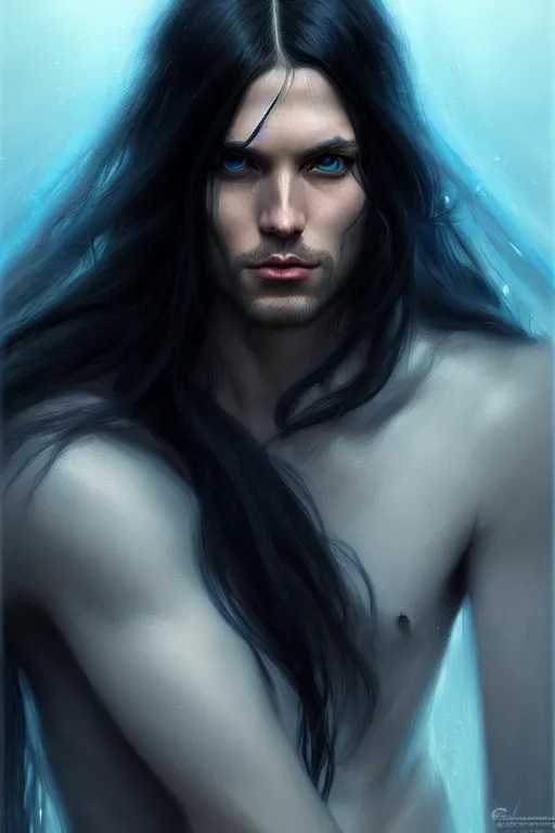 Prompt: portrait of a man with long black hair and bright blue eyes, hyperrealistic face, beautiful eyes, fantasy art, in the style of greg rutkowski, intricate, hyperdetalized, smooth