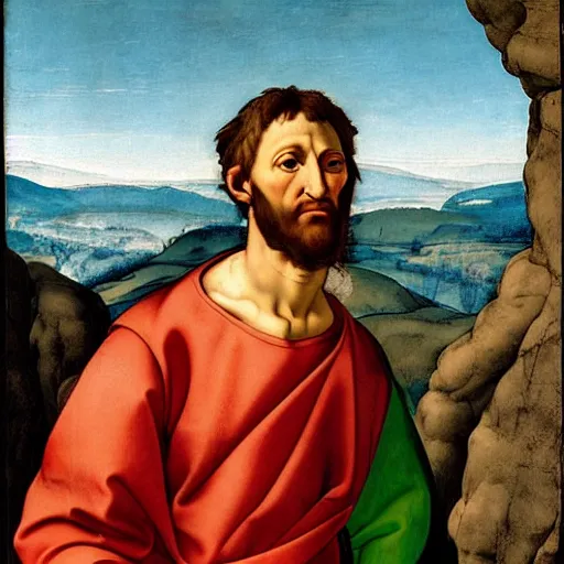 Prompt: a man looking in the distance from the top of a mountain, michelangelo, 1 4 5 0