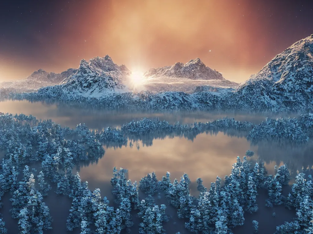 Image similar to epic crystalline taiga with a lake, golden hour, rocky ground, distant mountains with top on snow, atmospheric perspective, altostratus clouds, planets, cinematic, 3 5 mm lens, photographic, octane render, cinematography by roger deakins, in the style of ansel adams