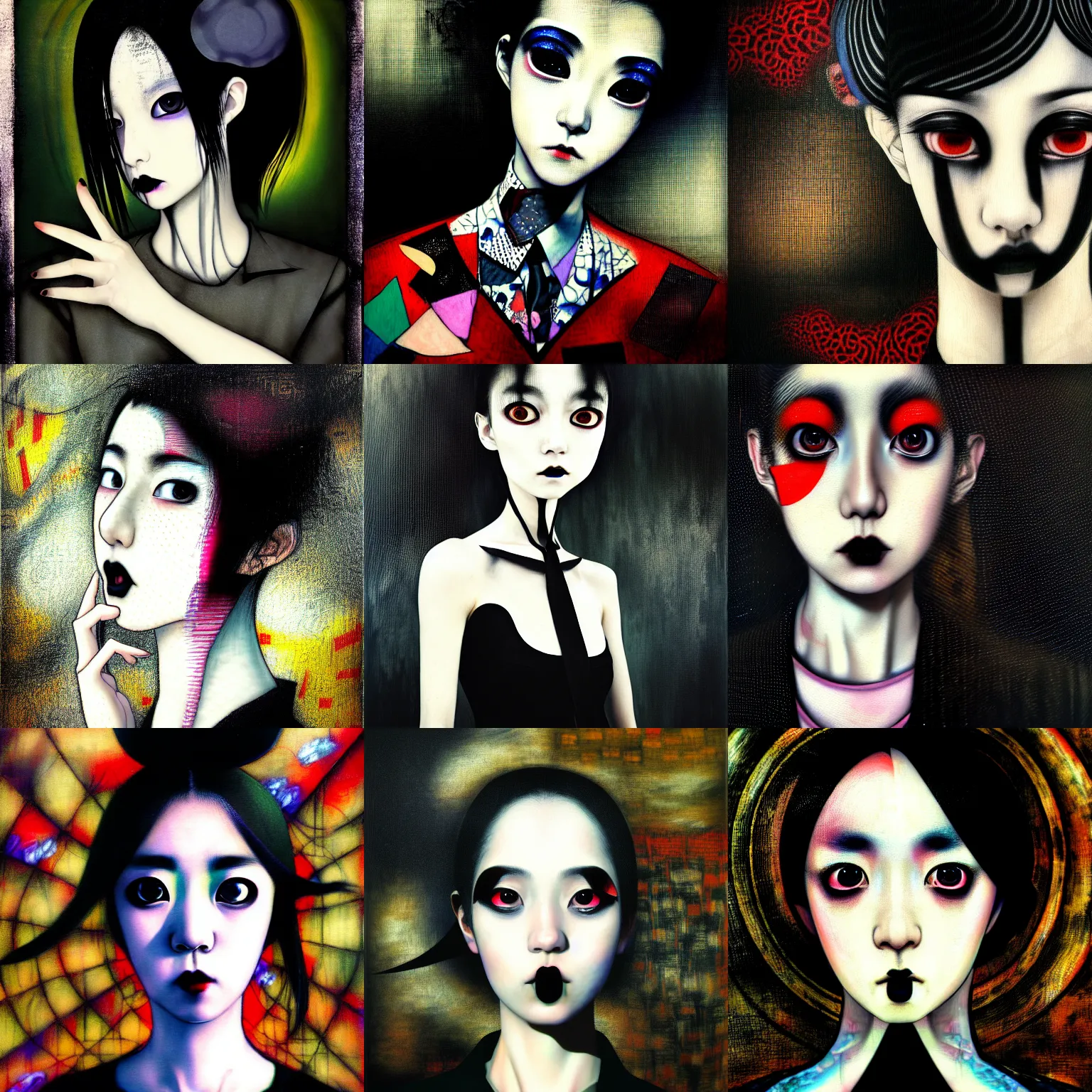 Image similar to yoshitaka amano blurred and dreamy realistic three quarter angle portrait of a young woman with black lipstick and black eyes wearing dress suit with tie, junji ito abstract patterns in the background, satoshi kon anime, noisy film grain effect, highly detailed, renaissance oil painting, weird portrait angle, blurred lost edges