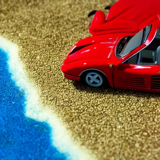 Prompt: a red Ferrari testarossa next to a white sand beach with palm trees. 16bit graphics. HD 8K. Intricate detail