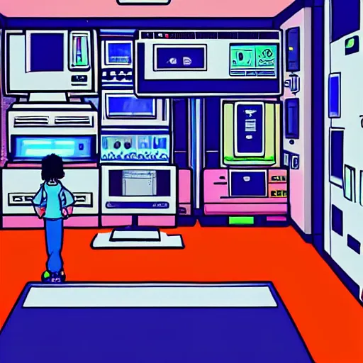 Image similar to a room full of computer screens and wires, serial experiments lain, sprite, vaporwave nostalgia, directed by beat takeshi, visual novel cg, 8 0 s anime vibe, kimagure orange road, maison ikkoku, sketch by akira toriyama