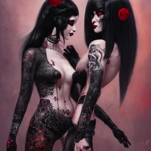 Image similar to two beautiful goth girls fighting slavery cosplay with black hair in fully tattooed body and clothes fully on, big red lips, black eye makeup, art by gennady ulybin and wlop and stanley lau and artgem and magali villeneuve and karol bak, trending on artstation