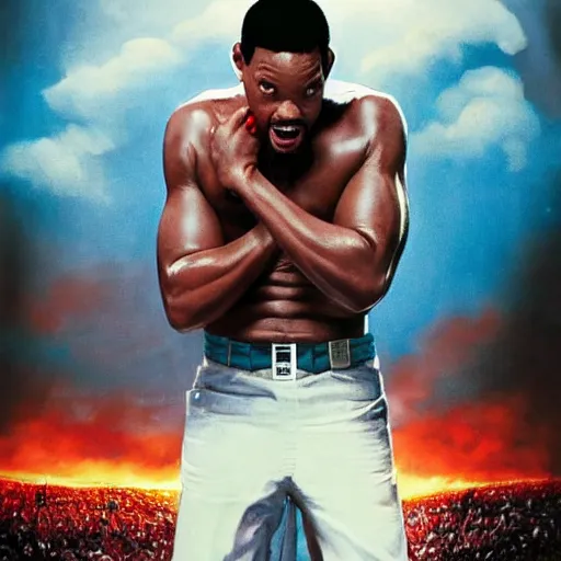 Image similar to will smith fighting a giant will smith visually stunning, cinematic, ultra realistic, hyper realism, 1 2 k, epic