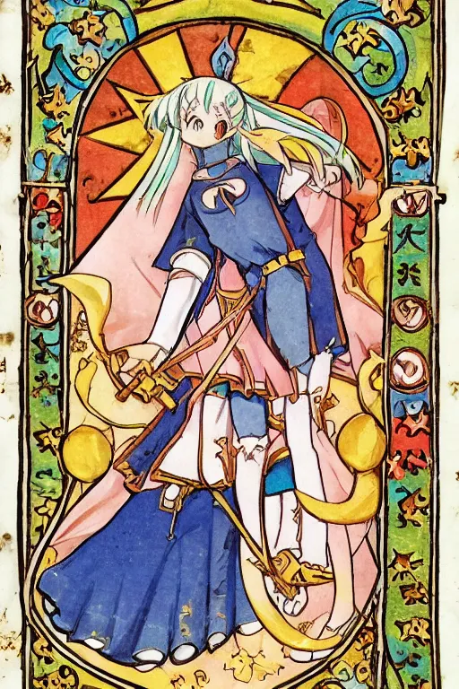Prompt: magical girl anime madoka magika depicted in a medieval illuminated manuscript bible