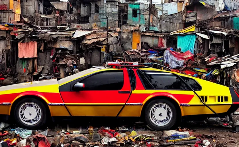 Image similar to a red and yellow delorean in ajegunle slums of lagos - nigeria, magazine collage, masterpiece,