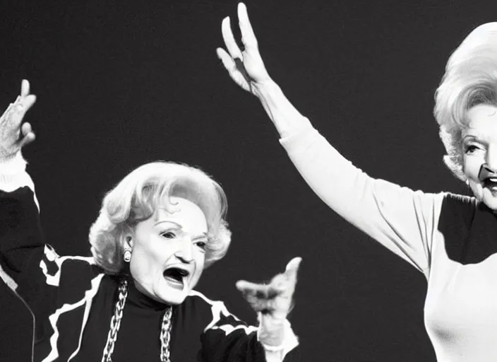 Image similar to publicity photo still of betty white as a gangsta rapper live on stage, 8 k, live concert lighting, mid shot