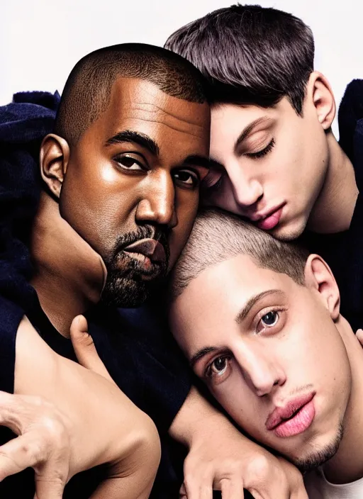 Prompt: portrait of kanye west and pete davidson, for vogue magazine, by charlotte grimm, natural light, detailed face, beautiful features, symmetrical, highly detailed, highly realistic, high resolution, canon eos c 3 0 0, ƒ 1. 8, 3 5 mm, 8 k, medium - format print, half body shot