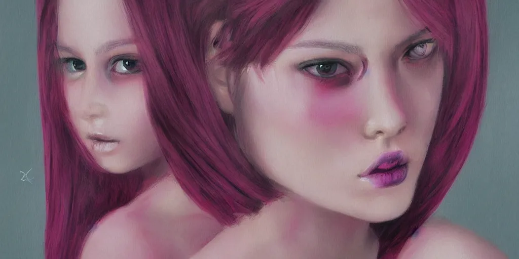 Prompt: A portrait of a girl, white skin, turquaz eyes puppil, symetrical face structure, Wlop painting style, Long magenta haire, Ross Draws, Peter Xiao