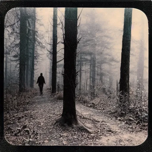 Image similar to old polaroid photo of a zombie walking in forest, mysterious, fog,