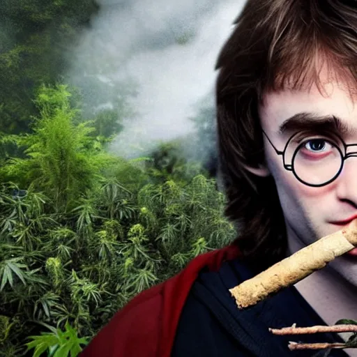 Prompt: harry potter with red eyes in a jungle of weed plants, holding a joint as his wand, his wand he is holding is a joint, smoke coming out of it, and smoking weed and surrounded by green dense weed kush plants, smoke in front, smoke behind, smoke background, red bloodshot eyes, smoking weed, hyper detailed, cinematic lighting, studio quality, smooth render,