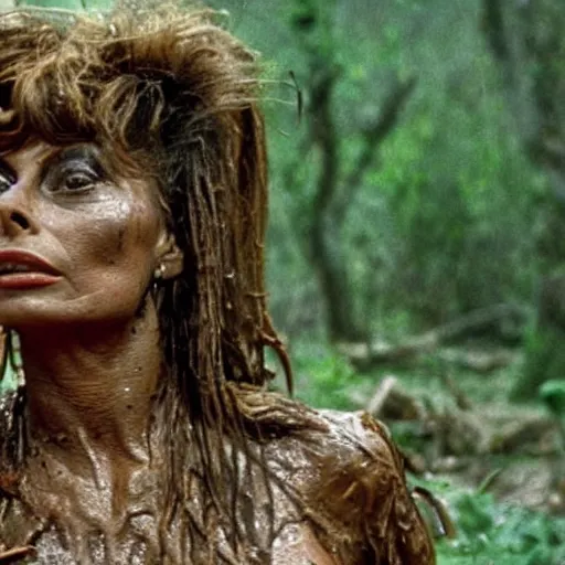 Prompt: cinematic still of sophia loren, covered in mud and watching a predator in a swamp in 1 9 8 7 movie predator, hd, 4 k