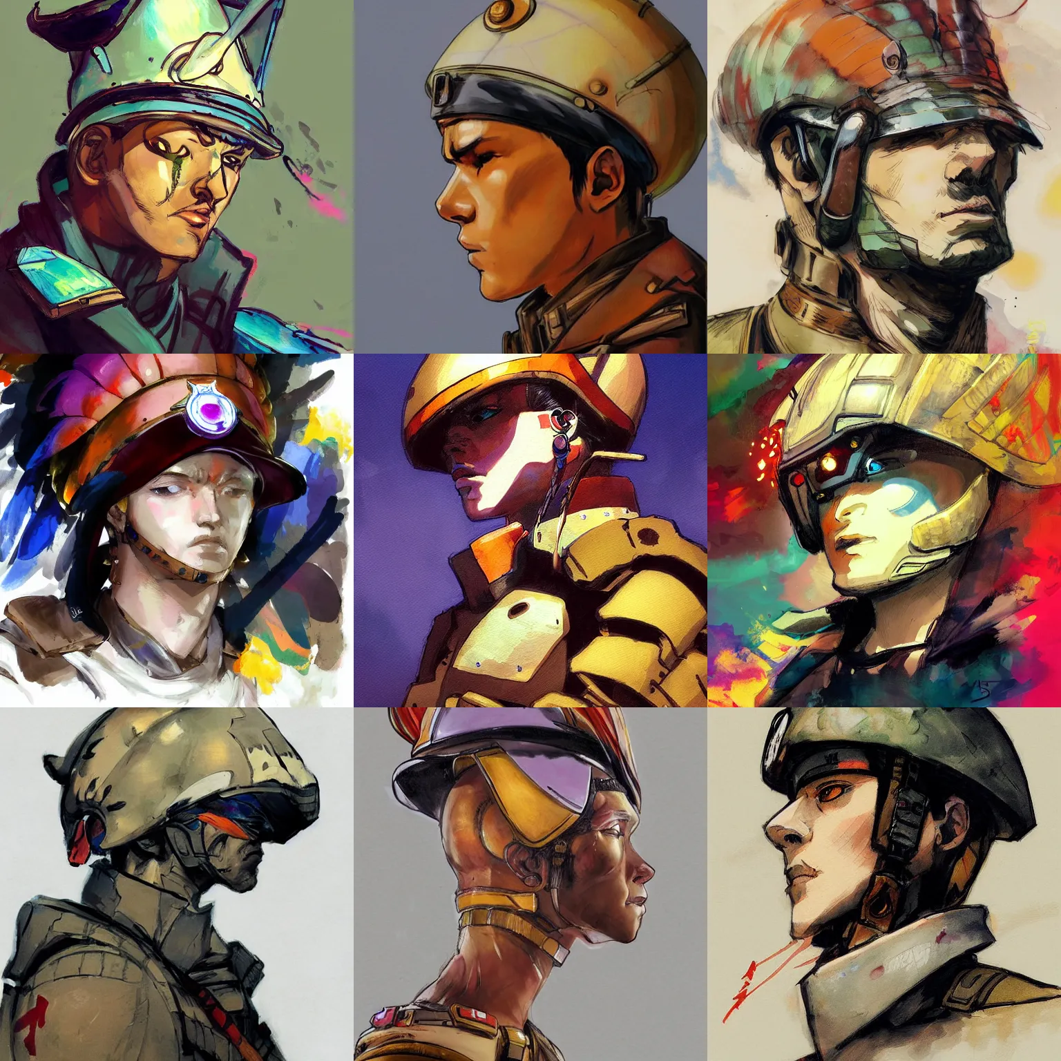 Prompt: a beautiful side portrait painting of a psychic soldier, with a seashell helmet ( like a slowking ). the shell is pretty colorful. art by yoji shinkawa, trending on artstation, award - winning, perfect composition.