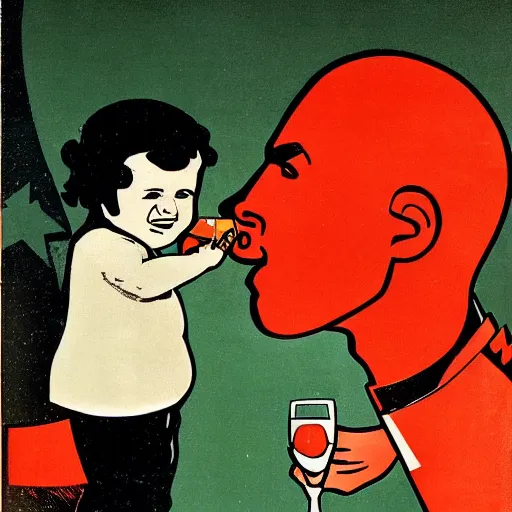 Image similar to communist man drinking champagne, hungry child next to him, soviet propaganda style