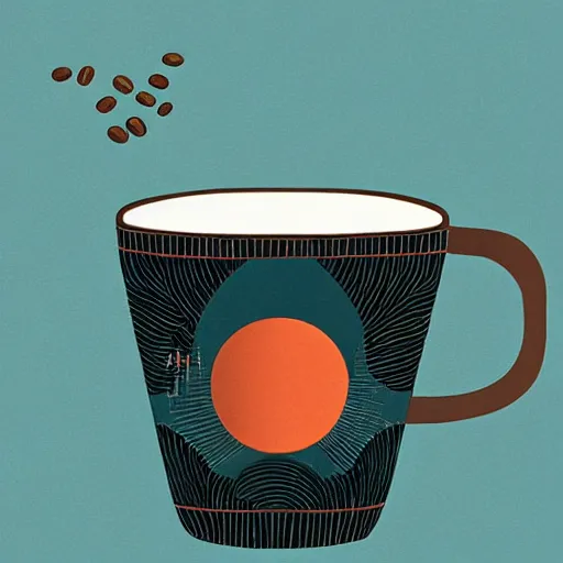 Image similar to illustration of coffee cup with cup on, very beautiful, energy, wake up, happy, by malika favre and victo ngai