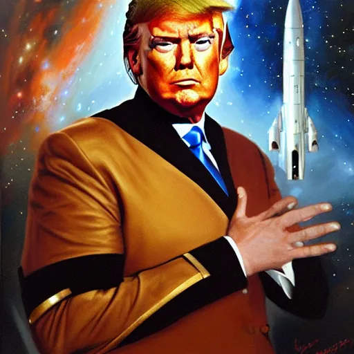 Prompt: a portrait of a donald trump as the enterprise, star trek the next generation, space battle. highly detailed painting by gaston bussiere, craig mullins, j. c. leyendecker, furry