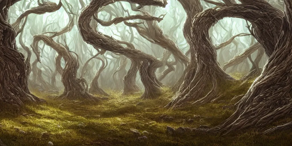 Image similar to forest of windswept windswept windswept trees, high quality fantasy art, 4k