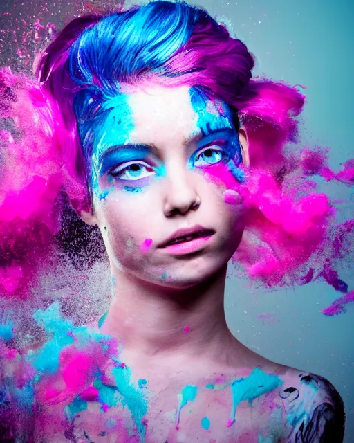 Image similar to a dramatic lighting photo of a beautiful young woman with cotton candy hair. paint splashes. with a little bit of cyan and pink