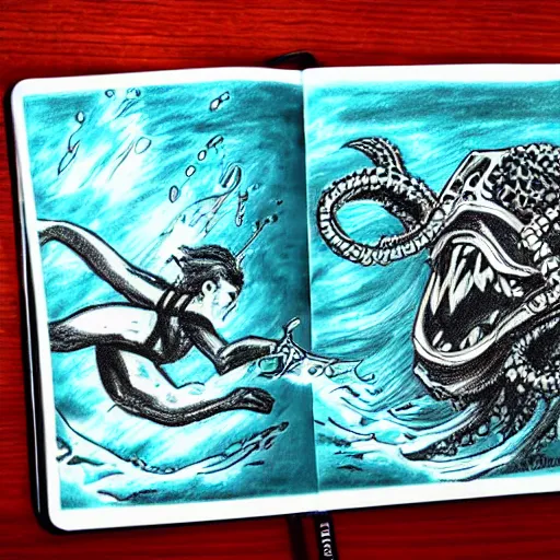Prompt: old drawing of a scuba diver fighting against a kraken underwater, under water scenery, dramatic lighting, intense, epic, drawing, sketchbook