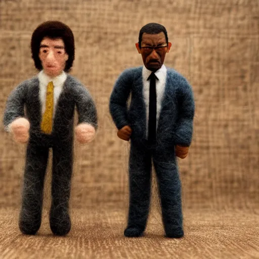 Prompt: needle felted scene featuring john travolta and samuel l jackson in pulp fiction, highly detailed, tilt shift, atmospheric, hyperrealism, highly textured, god rays, action