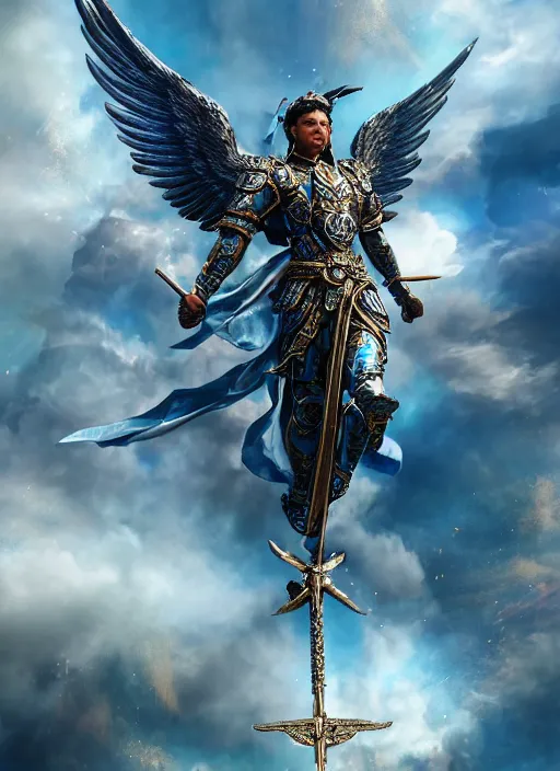 Prompt: archangel micheal flying in sky by huang guangjian, taekwon kim rostbite 3 engine, cryengine, dof, trending on artstation, digital art, chanel, dior, fantasy and detailed and intricate background