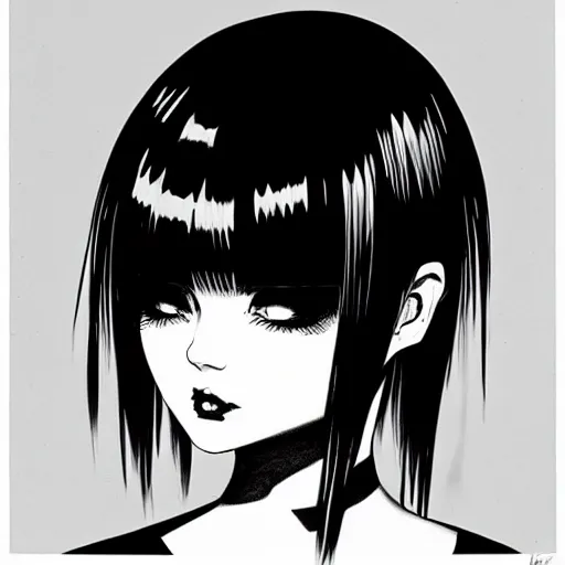 Image similar to an ink drawing of a tech punk girl by ilya kuvshinov, black and white