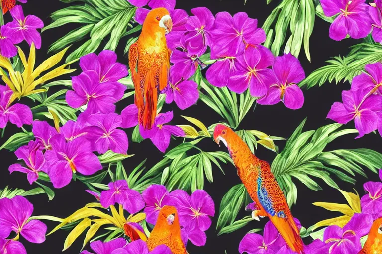 Image similar to photorealistic print of exotic, elegant tropical prints, isolated in a black background : : purple plants, golden flowers, red parrot, art nouveau, desaturate, trending on artstation