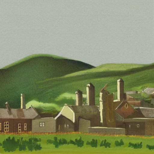 Image similar to painting of a small town in rural Ireland in the style of Aleksander Rostov