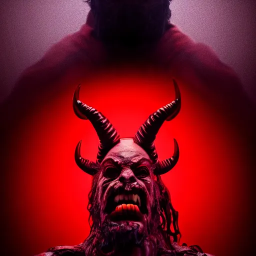 Image similar to A portrait of a Rabbi that is the devil with horns looking at the camera in anger, satan, red skin, dark, ominous, haunting, sinister, close-up, studio lighting, realism, 8k, 3D render, octane 3D, maya, cinema 4D, Blender, red lighting, scary, horror, dark,