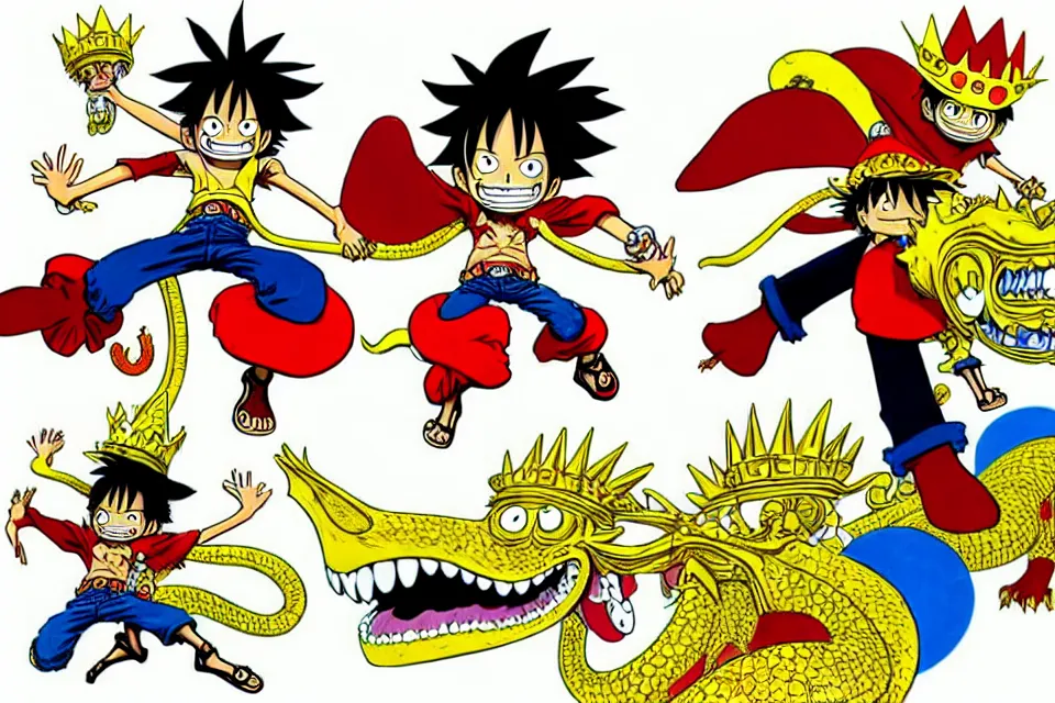 Prompt: concept sketches of luffy wearing a gold crown riding a large dragon by jamie hewlett, in the style of megaman, micro detail, disney cartoon