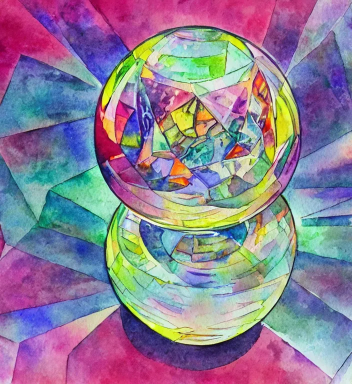 Image similar to a 1988 watercolor and ink illustration of an intricate and faceted crystal ball with a world inside of it + dissolving in to light + prism + god rays + dramatic lightning + backlit + specular + caustics