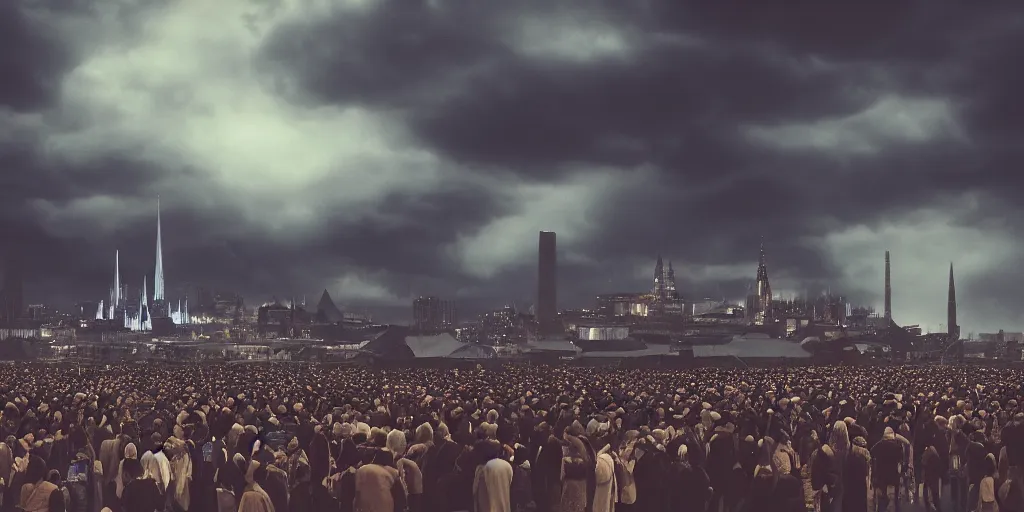 Prompt: crowd of people in dark blue robes, digital cathedral in the distance, ominous clouds, 3 5 mm lens, cinematic, atmospheric, trending on artstation