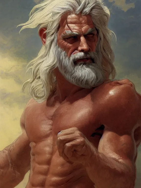 Prompt: painted portrait of rugged zeus, god of thunder, greek god, white hair, masculine, mature, handsome, upper body, red and gold, muscular, hairy torso, fantasy, intricate, muscular, elegant, highly detailed, digital painting, artstation, concept art, smooth, sharp focus, illustration, art by gaston bussiere and alphonse mucha