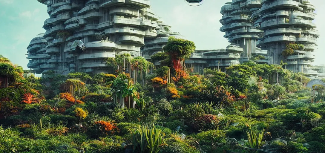 Prompt: a futuristic biome, gardens and orange brutalist buildings with plants growing on top sci - fi, digital art by beeple