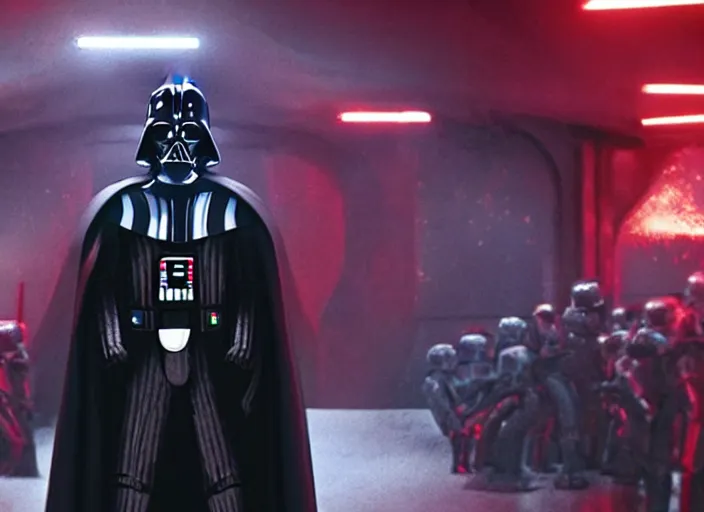 Prompt: film still of Darth Vader goes to a night club in the new Star Wars movie, 4k